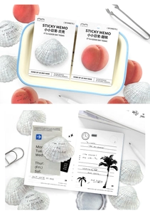 Detailed view of aesthetic shell and peach shaped sticky notes for scrapbooking