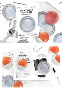 Detailed view of creative shaped sticky notes featuring fried egg and vintage plate designs