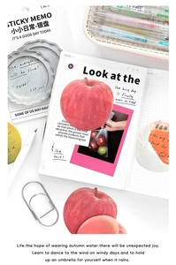 Macro shot of realistic fruit sticky notes on a grid notebook with stationery decor