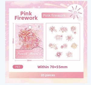 Macro detail of PET fireworks stickers with pink aesthetic for DIY journal decoration