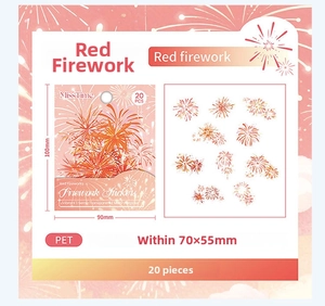 Macro shot of 20pcs red firework PET stickers showing semi-transparent texture and detail