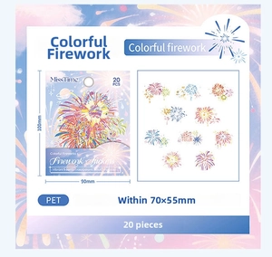 Macro detail of translucent PET firework stickers with 20 pieces and product dimensions