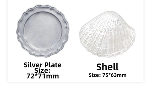 Detailed view of silver scalloped tray and white seashell sticky note holder accessories