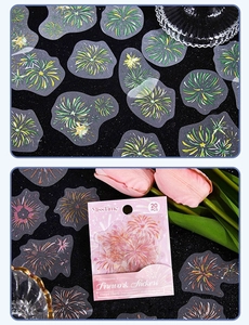 Macro view of colorful semi-transparent fireworks stickers for DIY journals