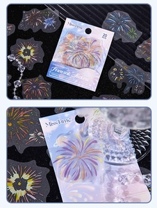 Close-up of semi-transparent firework theme stickers for DIY scrapbooking decor