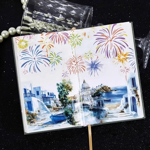 Fireworks theme scrapbook stickers with Mediterranean coastal town scenery and silk bookmark
