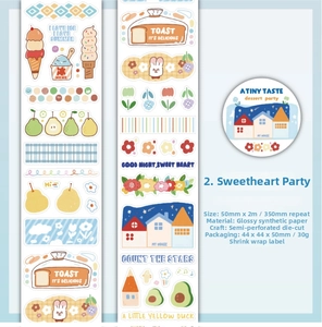 Macro detail of dessert-themed glitter synthetic paper tape with die-cut cute illustrations