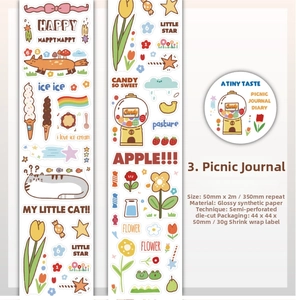 Close-up of Picnic Diary glitter die-cut washi tape featuring cats and dessert patterns