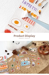 Close-up of glitter dessert stickers with bread, sandwich and coffee designs for journaling