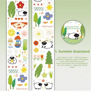 Detail of Summer Prairie glitter decorative tape with forest fairy tale illustrations