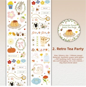 Detail of glitter synthetic paper sticker with forest fairy-tale rabbit and tea party motifs