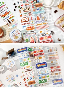Close-up of dessert themed washi tape and stickers for DIY scrapbooking decoration