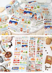 Macro detail of dessert-themed glitter washi tape with cute animal and food illustrations