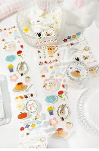 Detailed close-up of Fairytale Forest themed decorative washi tape and cute PET stickers