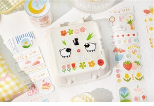 Close-up of Forest Fairy tale die-cut paper tape with cute cat and floral stickers