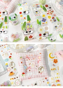 Detail of Fairytale Forest themed cute stickers and washi tapes in macaron colors