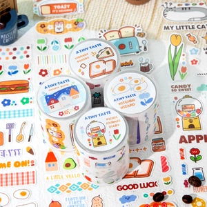 Four decorative washi tape rolls featuring cute dessert and bakery illustrations for journals
