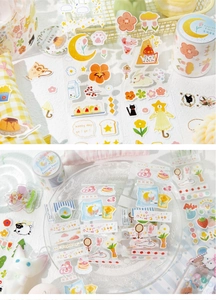 Close-up of Fairytale Forest themed decorative stickers with floral and cute animal patterns
