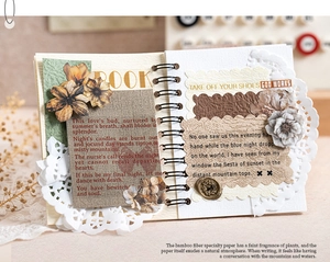 Detail of vintage bamboo fiber notebook paper with poetic print and textured floral accents
