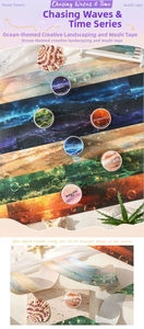 Macro detail of ocean-themed washi tape rolls featuring six artistic wave and bubble patterns