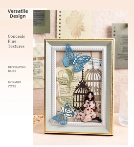 Close-up of Morandi vintage collage with paper butterfly and birdcage textures