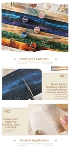 Detail showing self-adhesive washi tape with ocean and starry sky art designs for DIY