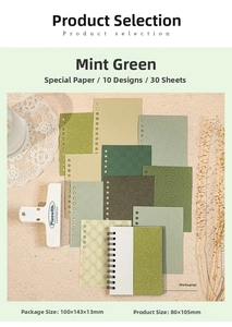 Macro shot of mint green scrapbooking paper set and spiral notebook on lace background