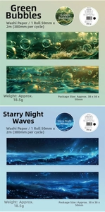 Detail of oceanic washi tape rolls showing 50mm wide blue and green wave patterns