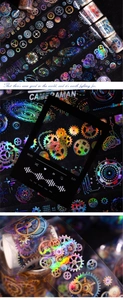 Dettaglio della finitura laser olografica su nastro PET steampunk per lo scrapbooking