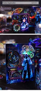 Dettaglio macro di adesivi cyberpunk con lamina laser olografica e motivi di scansione dati