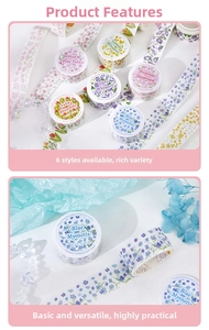 Detailed close-up of 6 floral washi tape rolls with delicate botanical patterns and labels