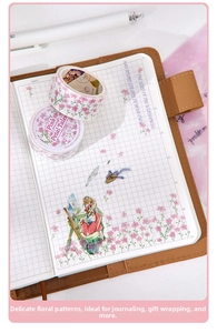 Close-up of Pink Petal Tales floral washi tape applied on a creative DIY journal layout