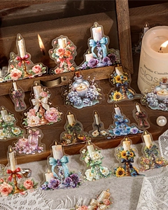 Détails d'autocollants PET vintage aux motifs floraux et de bougies sur de la dentelle