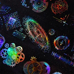 Adesivi in PET olografici con ingranaggi e circuiti in stile steampunk laser