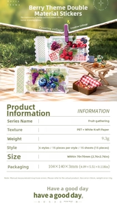 Detail of mixed-material berry stickers featuring realistic PET and kraft paper designs