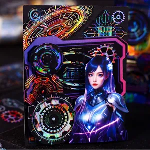 Adesivo olografico laser steampunk retrò con personaggio anime e design a tema ingranaggi