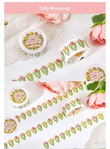 Detail of Tulip Rhapsody washi tape with hand-painted floral patterns for scrapbooking