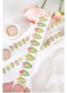 Detail of floral washi tape featuring vibrant watercolor tulips for DIY journaling scrapbooks