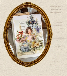 Détail d'autocollant vintage fille et fleurs dans un cadre doré élégant