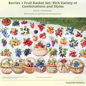 Detailed view of hand-drawn berry and fruit basket stickers for DIY scrapbooking