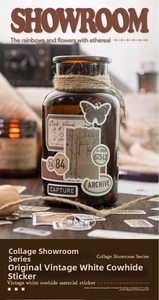 Retro butterfly stickers on brown glass bottle with vintage white cowhide texture