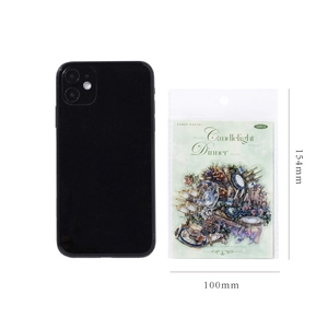 Comparaison de taille d'autocollants PET avec dimensions de l'emballage et smartphone