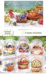 Detail of 6 berry-themed fruit stickers showing watercolor baskets and picnic scenes
