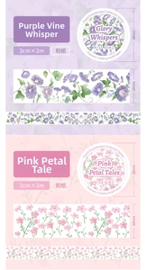 Detail of floral washi tape set in purple and pink themes for scrapbooking DIY