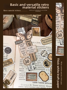 Macro detail of retro collage stickers with butterfly and vintage motifs on kraft paper