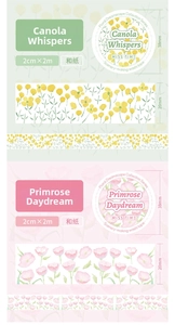 Detailed close-up of floral washi tapes in yellow and pink watercolor patterns for journaling