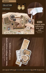 Detailed macro view of vintage collage stickers showing adhesive backing and paper texture