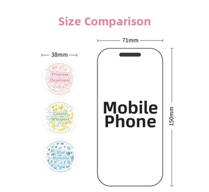Size comparison of 38mm floral washi tape stickers next to a standard smartphone
