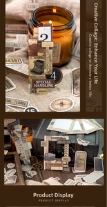 Detail of vintage collage stickers featuring retro cameras and artistic hand-drawn botanicals