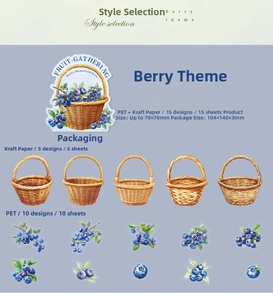 Detailed view of blueberry themed stickers in PET and kraft paper for DIY journaling